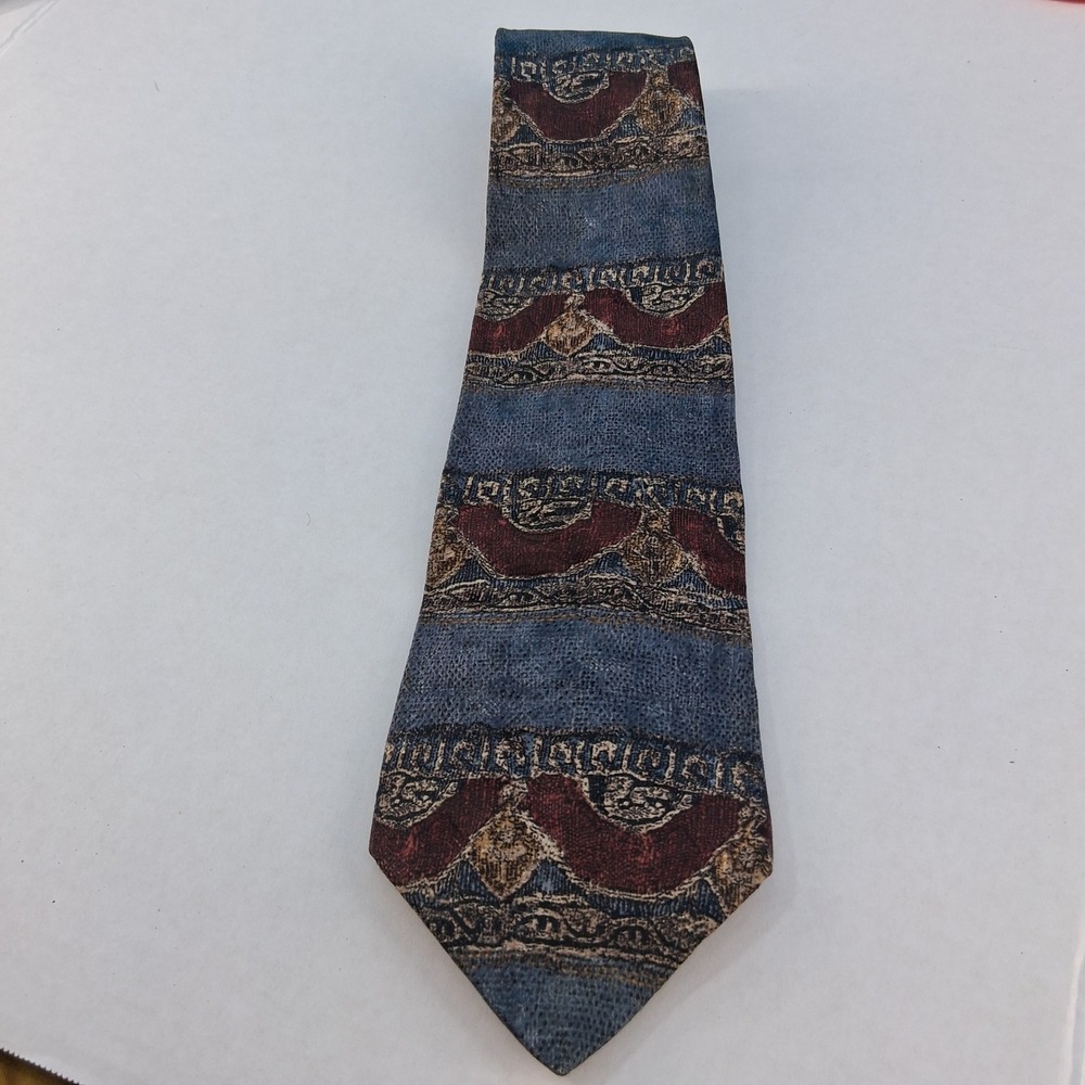 Bugatti Necktie Mens Blue Burgundy Gold Silk Geometric Scroll Made‎ in USA Wide